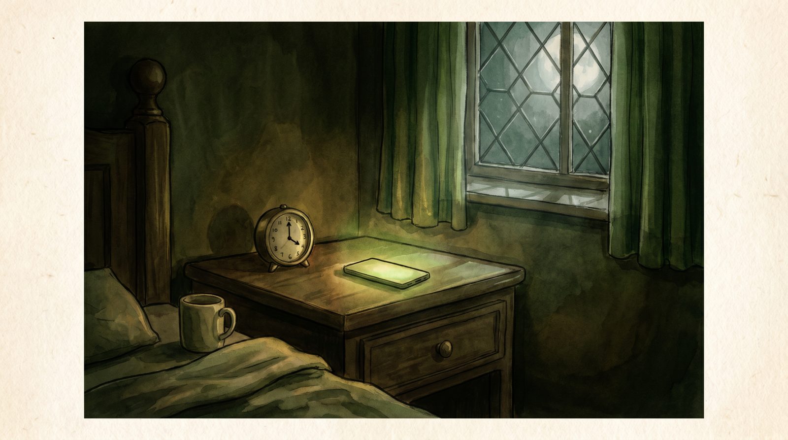 A phone glowing late at night beside the bed