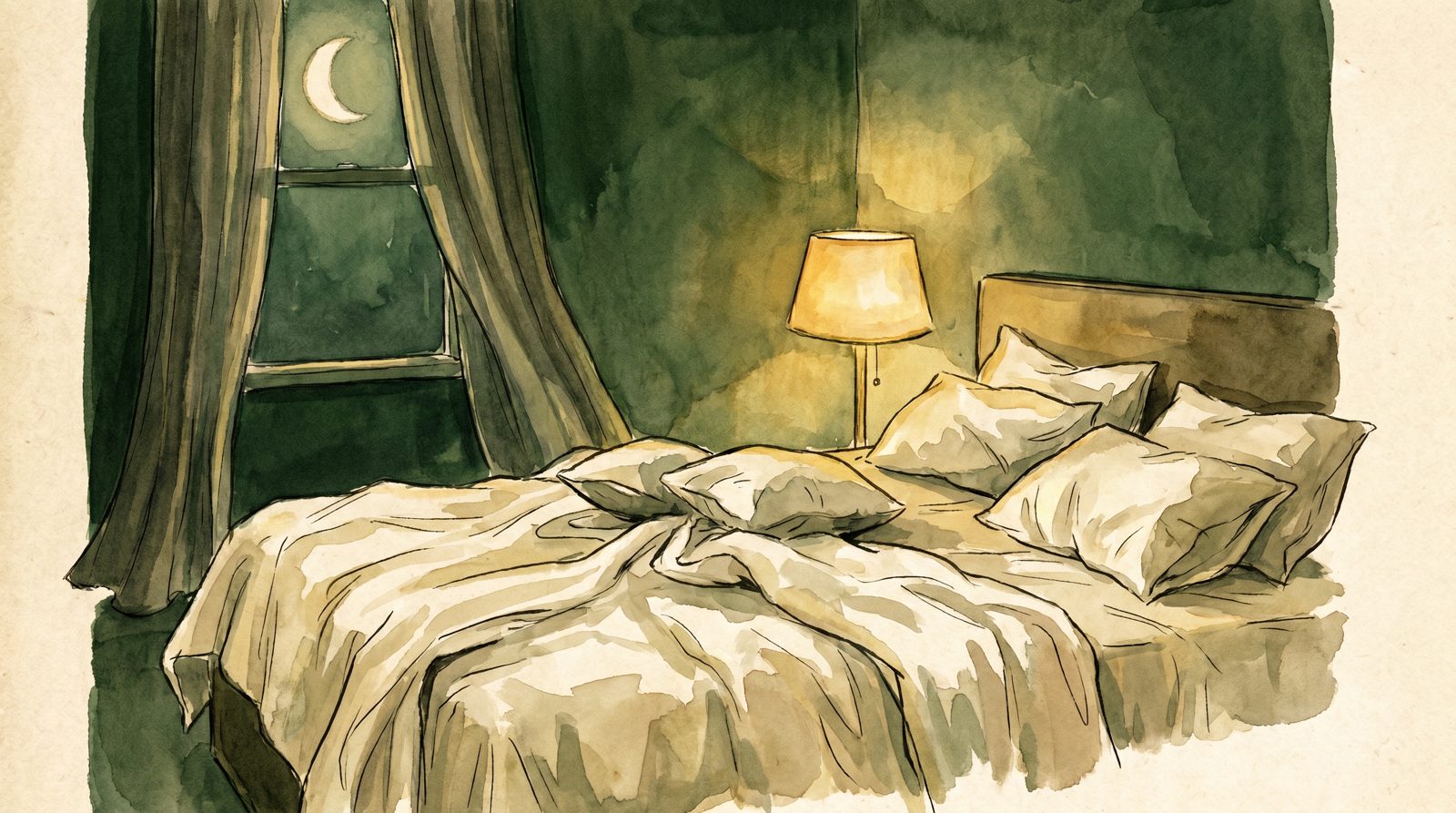 An unmade bed and a warm lamp at night, awake despite exhaustion