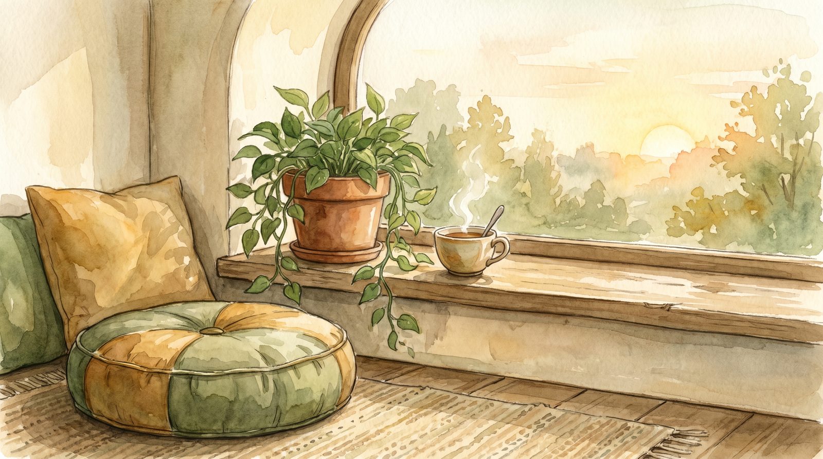 A calm window nook at dawn for slow, restful breathing