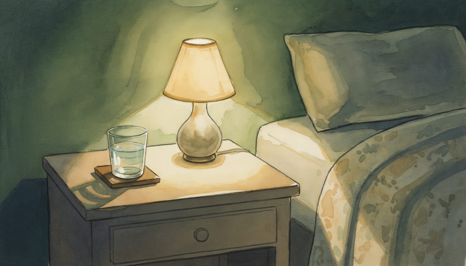 A calm bedside lamp and a glass of water at night