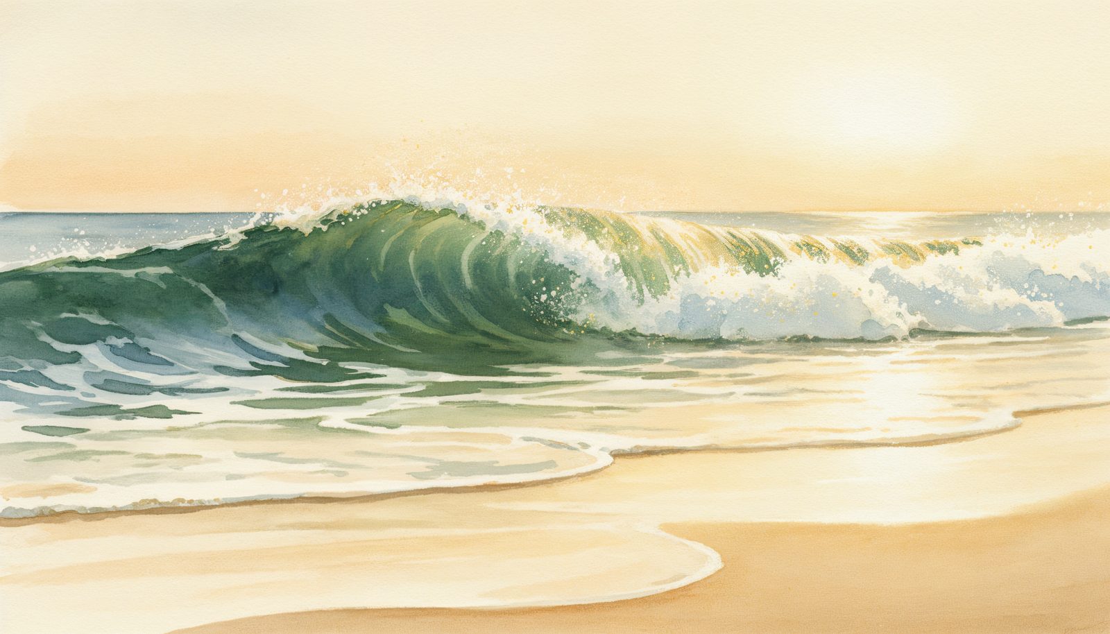 A single wave crashing on a calm shore at golden hour