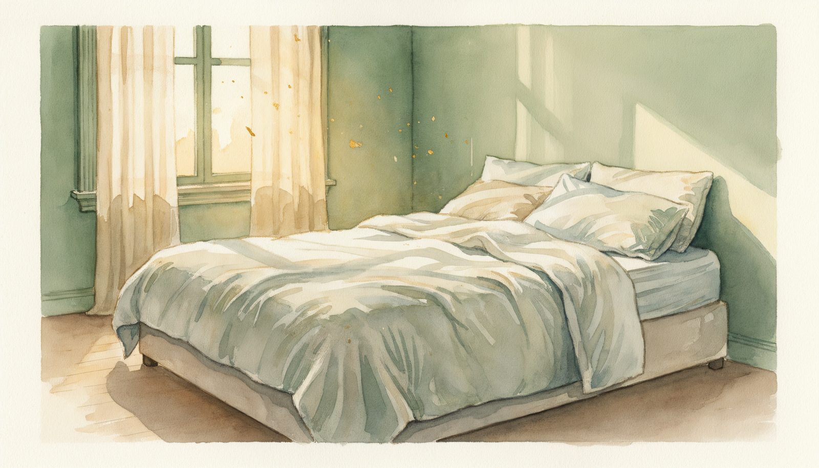 An empty unmade bed in soft morning light