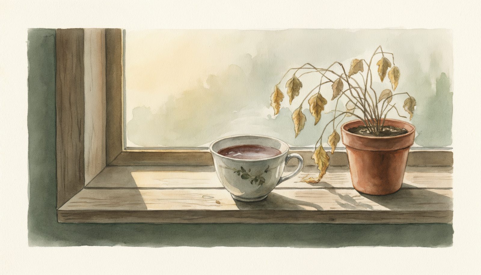 A cup of tea gone cold on a windowsill