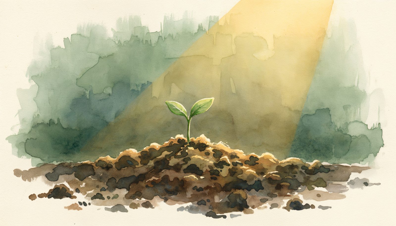 A small green sprout reaching toward dawn light