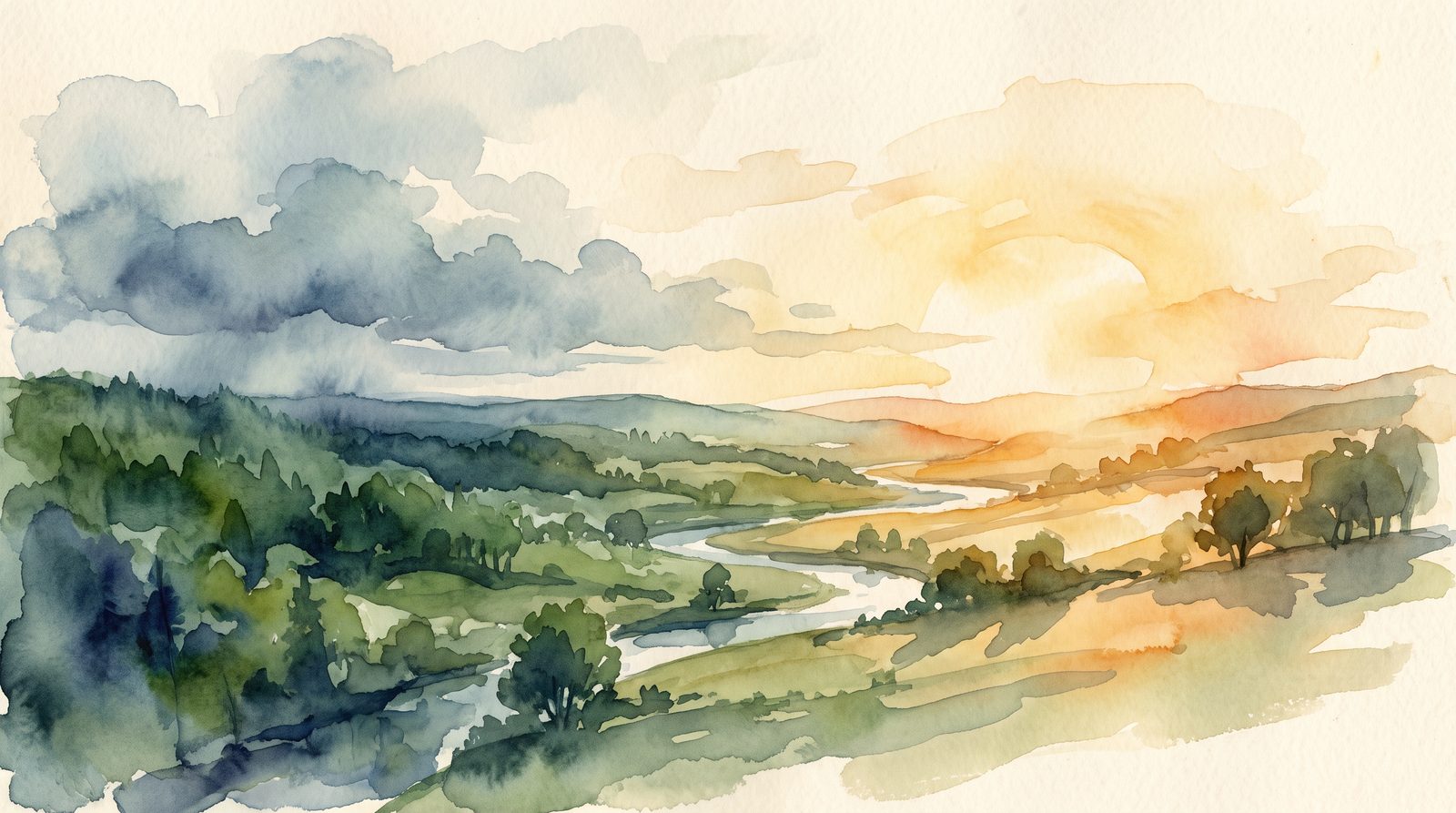 One valley under cloud on one side and warm light on the other