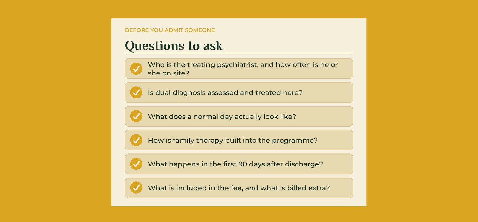 Questions to ask a facility before admitting someone