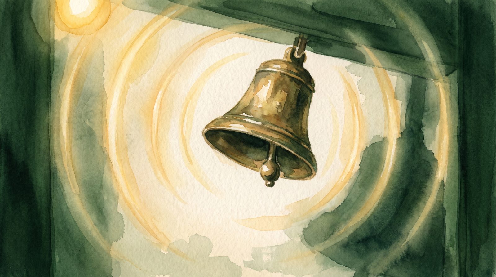 A brass bell still ringing in a quiet green room