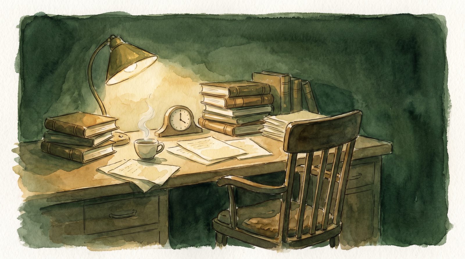 A lamplit study desk with books and a cooling cup of tea