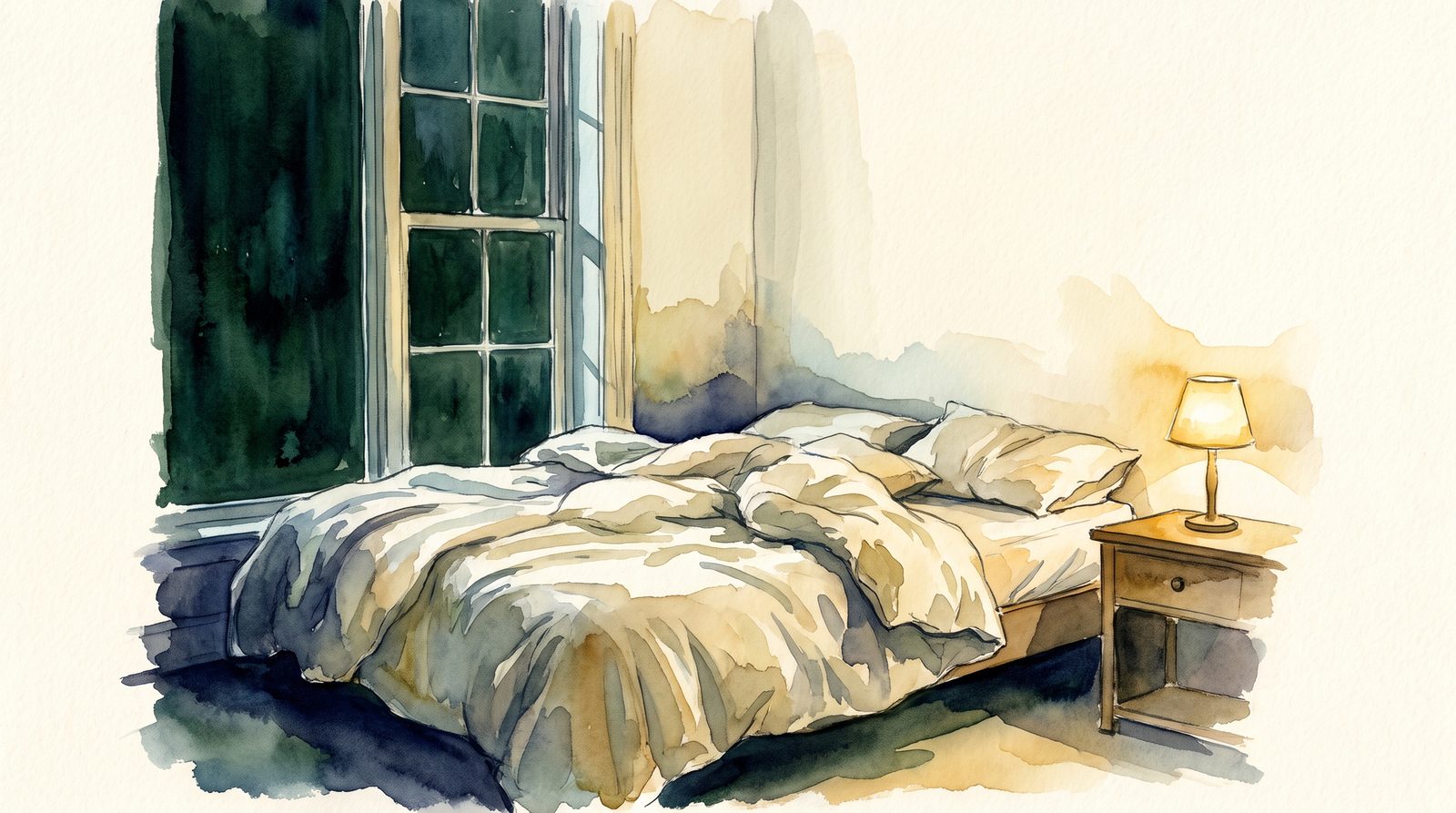 An empty unmade bed beside a window at night