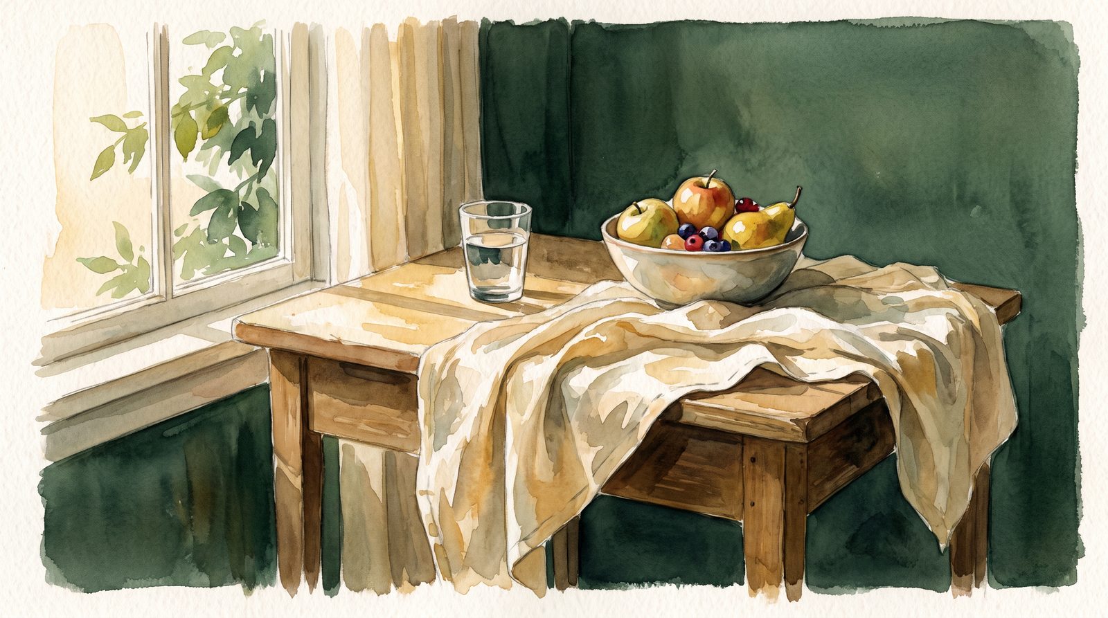 A clean kitchen table at dawn with water and fruit