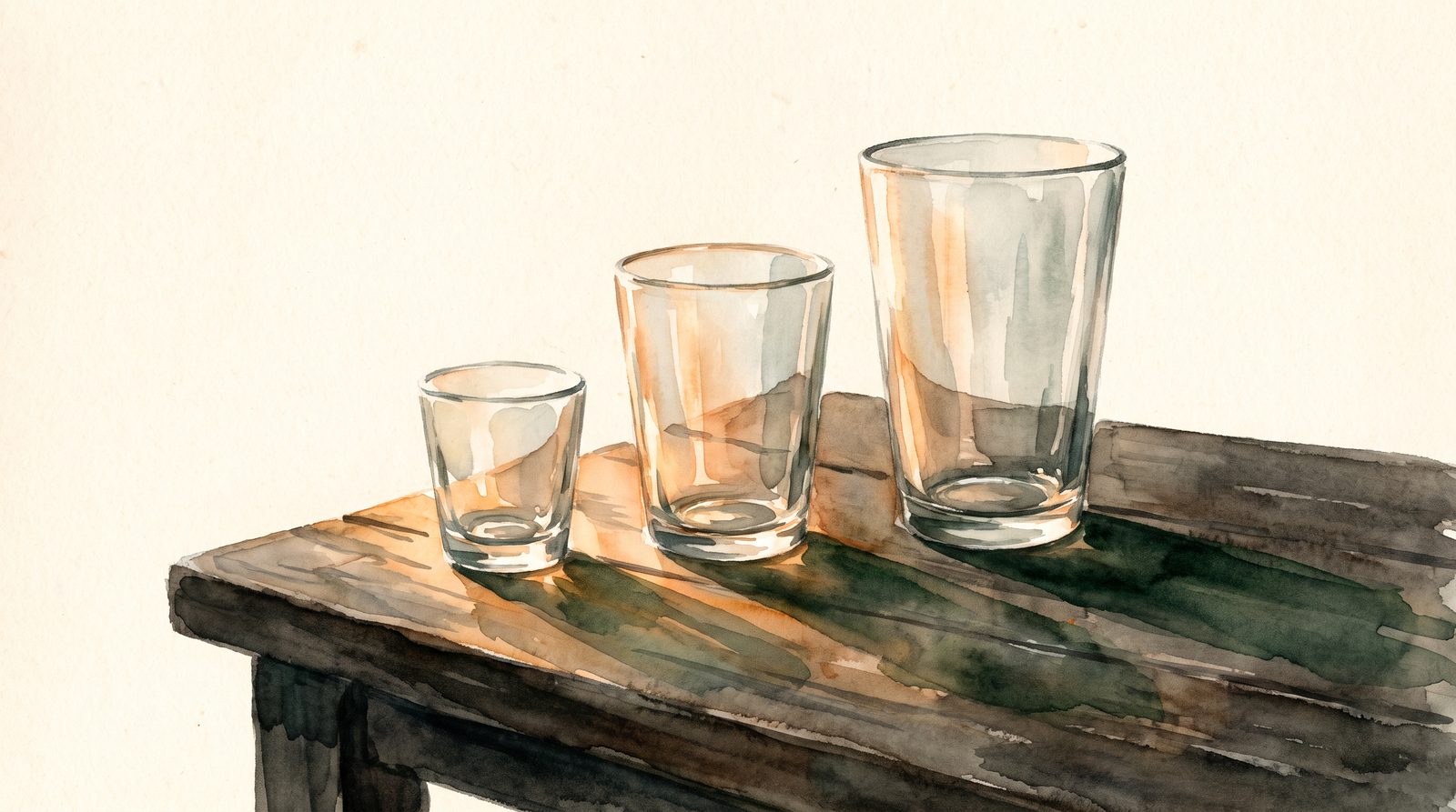 Three empty glasses of increasing size in morning light