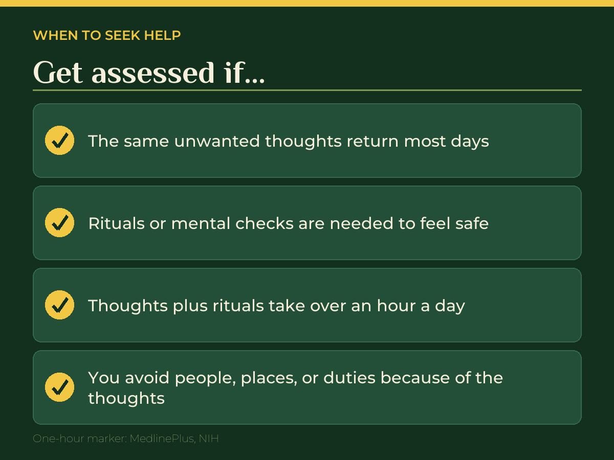 Forest-green checklist card showing four signs it is time to get assessed