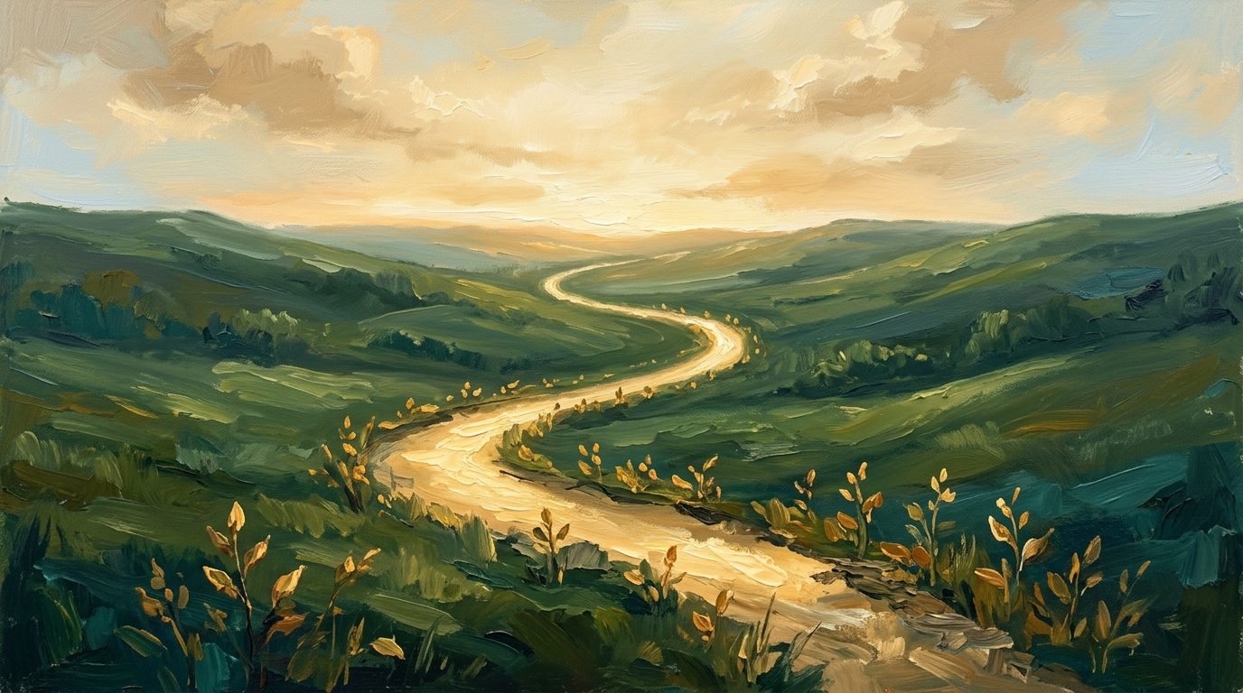 Impasto painting of a winding golden path through green hills toward dawn