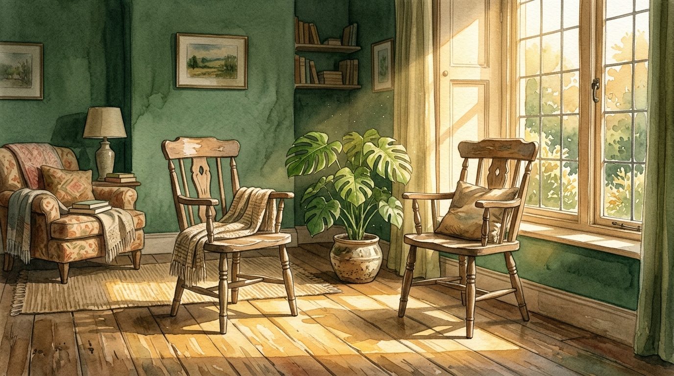 Watercolour of two empty chairs facing each other beside a sunlit window