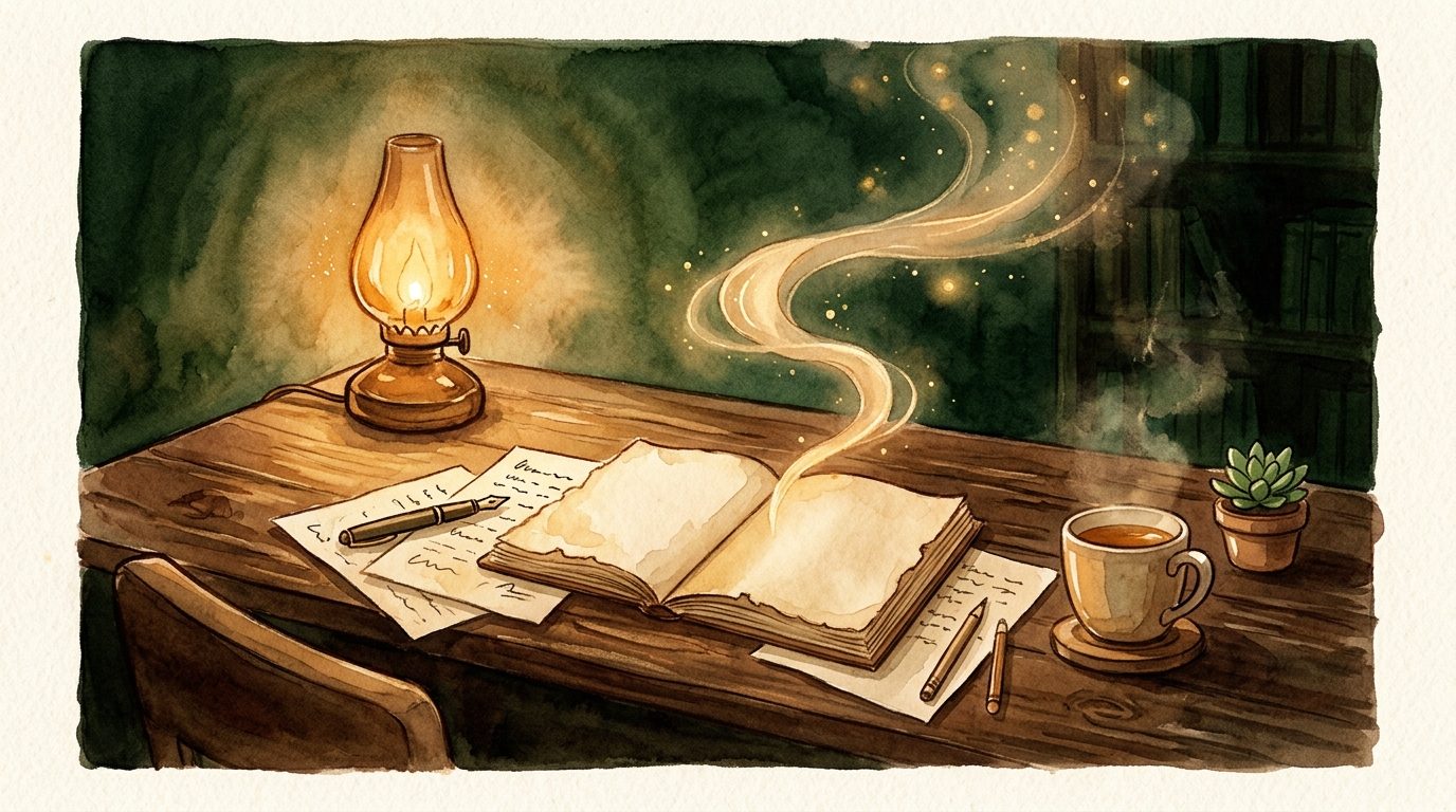 Watercolour of a lamplit desk at night with golden light swirling from open notebooks