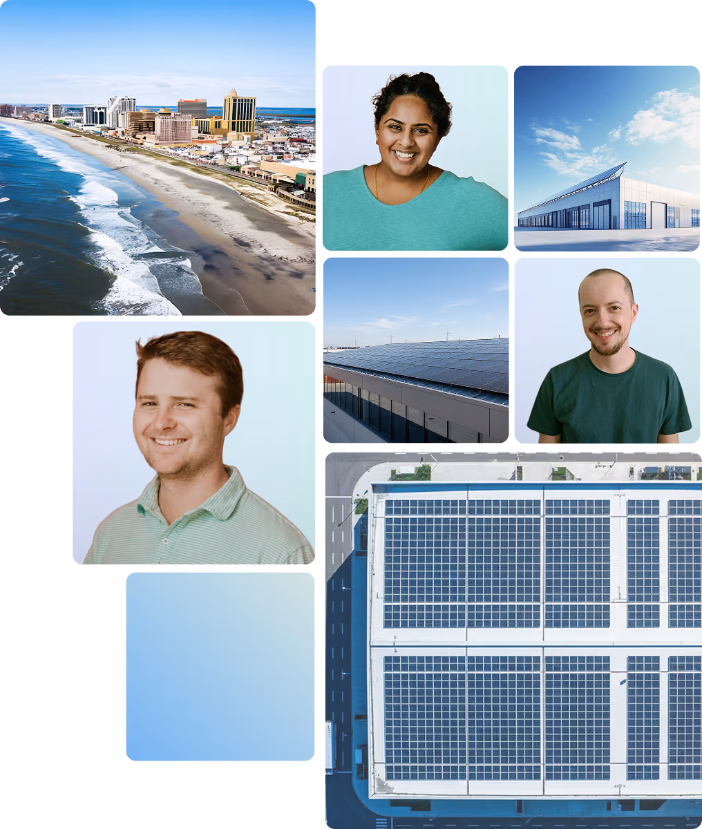 A tidy row of low-profile commercial rooftop solar panels on a flat, white membrane roof in suburban New Jersey. Clear winter sky, HVAC units visible in background.