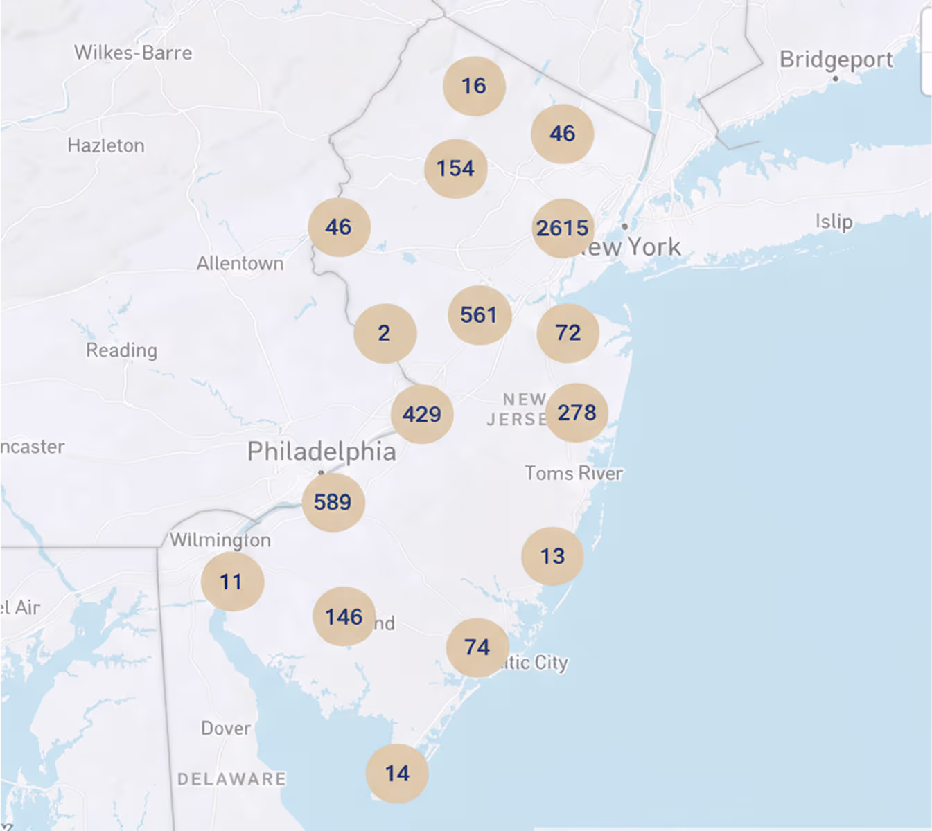 A stylized road-map of the greater New Jersey / Mid-Atlantic region (Philadelphia-to-New-York corridor) overlaid with colored circles and call-outs showing community-solar project hotspots and available commercial rooftops for lease.
