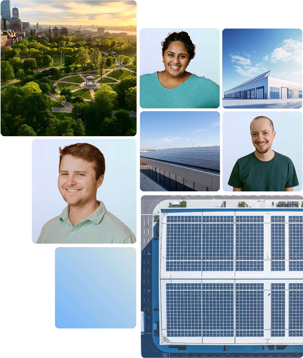 Aerial view of a Boston-area warehouse rooftop covered with a SMART-certified community solar array leased through Massachusetts’ commercial rooftop program and interconnected to the Eversource grid.