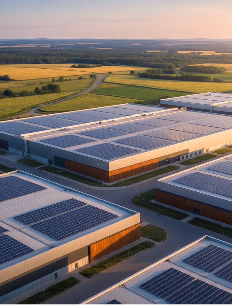 Rows of panels on a warehouse roof beside I-495, part of a SMART-certified LMI community-solar project that delivers discounted clean energy to low- and moderate-income households across Massachusetts.