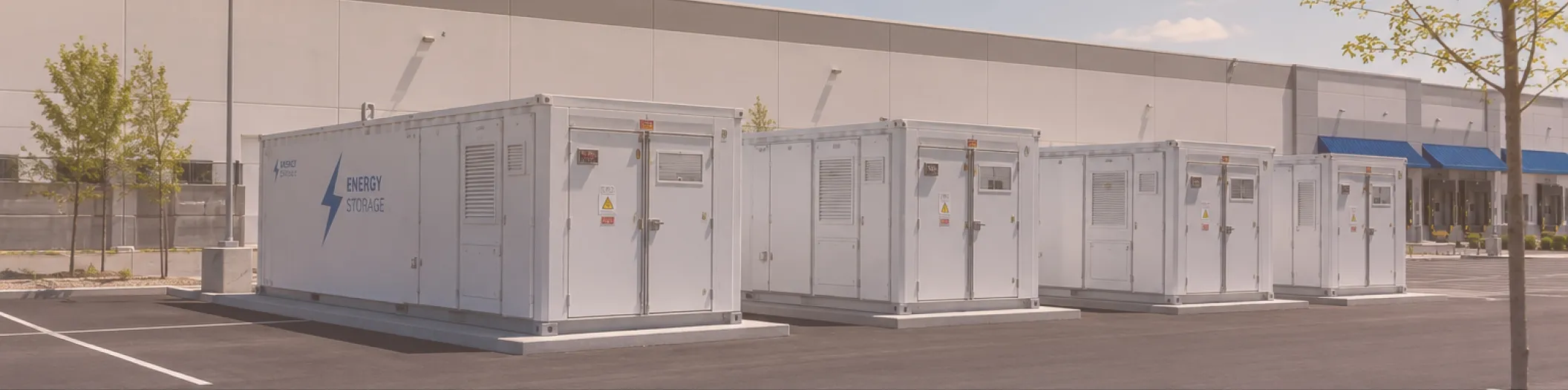 battey storage containers lined up on a large concrete surface under a clear blue sky.