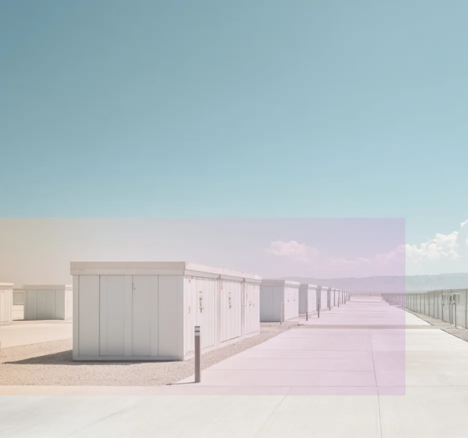 battey storage containers lined up on a large concrete surface under a clear blue sky.