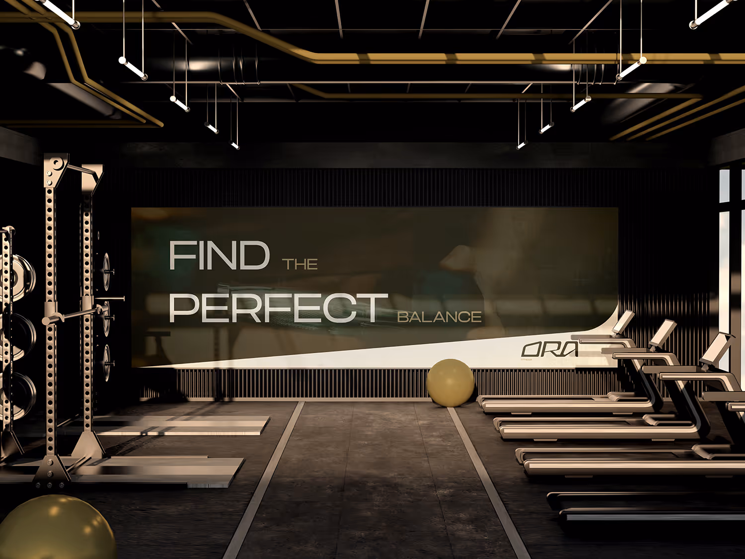 Inside the studio: training floor with racks and a Find the Perfect Balance wall