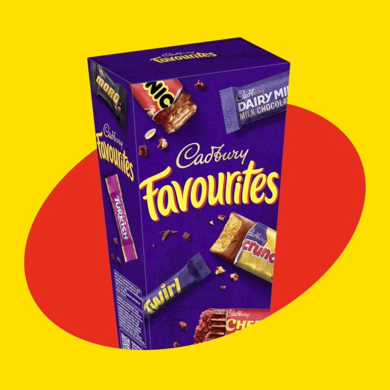 Purple box of Cadbury Favourites chocolates with various chocolate bars illustrated on it, set against a yellow background with a red abstract shape.