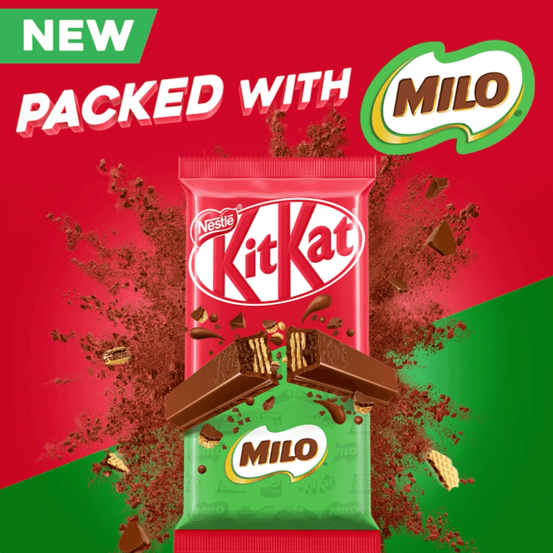 Kit Kat chocolate bar packaging with Milo branding and text 'NEW PACKED WITH MILO' on red and green background.