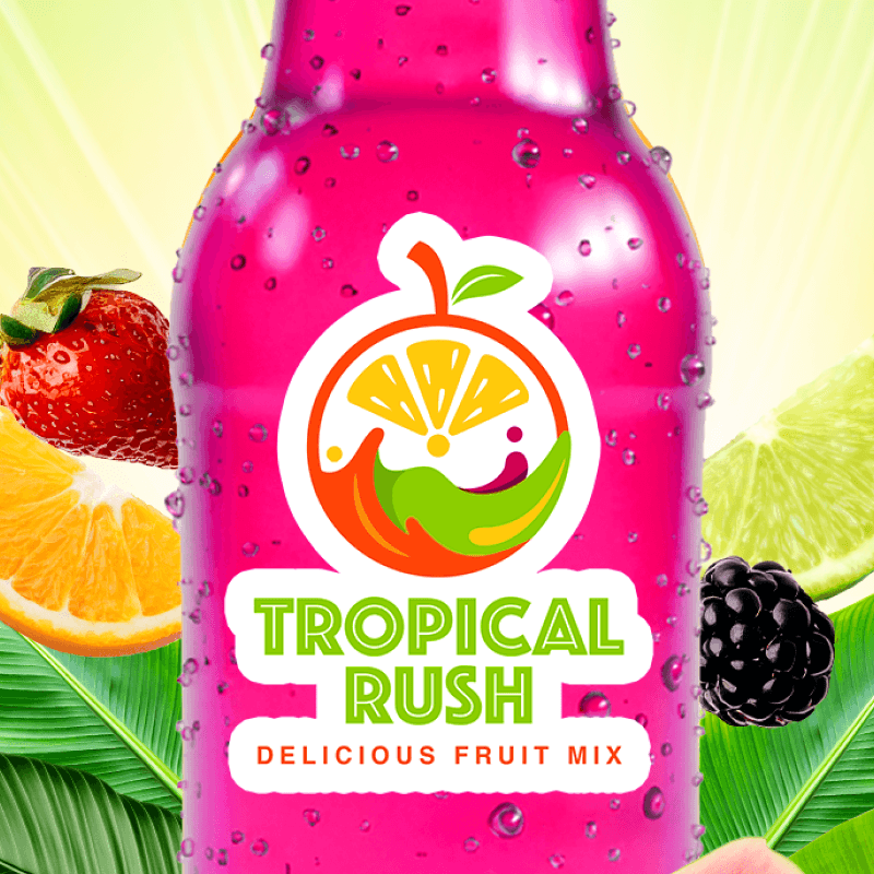 Bright pink beverage bottle labeled Tropical Rush Delicious Fruit Mix surrounded by fresh fruit slices and leaves.