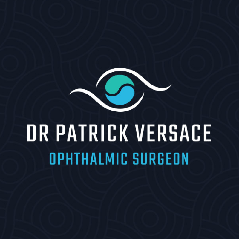 Logo with stylized eye symbol above the text Dr Patrick Versace Ophthalmic Surgeon on a dark patterned background.