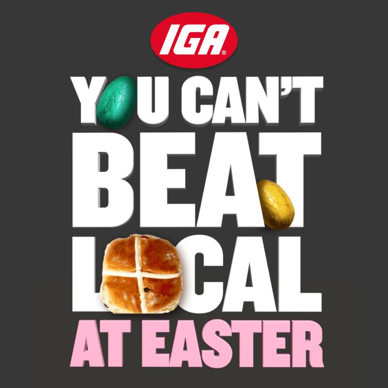 Graphic text saying 'You can't beat local at Easter' with a green and gold Easter egg and a hot cross bun on a dark background.