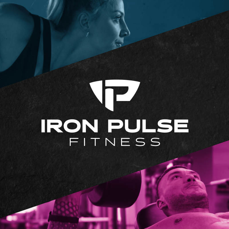 Iron Pulse Fitness logo overlaid on images of a woman and a man working out in a gym.
