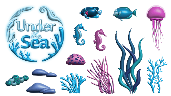 Illustration of underwater sea life including fish, seahorses, jellyfish, coral, seaweed, and the text 'Under the Sea' encircled by blue underwater elements.