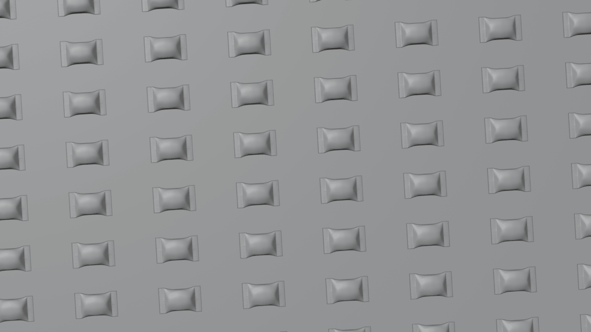 Repeated small gray pillow-shaped objects arranged in a grid pattern on a gray background.