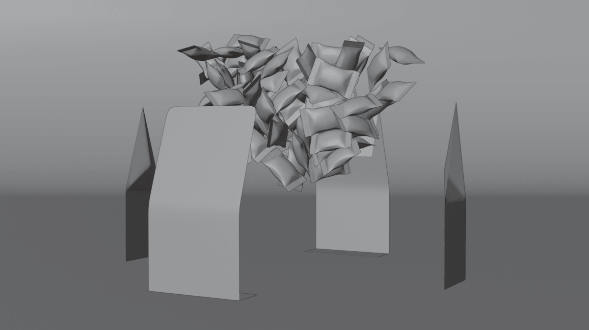 3D rendering of numerous small pillow-shaped packets flying out of a partially open box.
