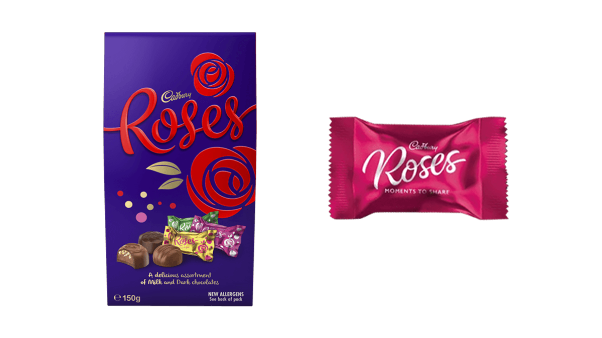 Cadbury Roses chocolate box with assorted milk and dark chocolates and a pink wrapped chocolate with the text 'Roses moments to share.'