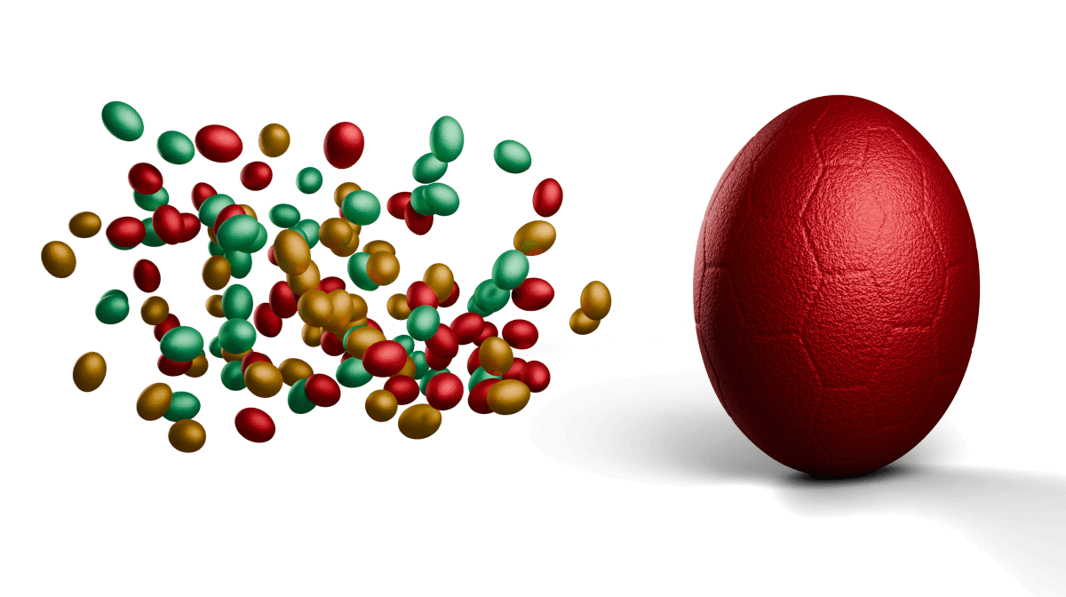 Red textured Easter egg on the right with scattered small red, green, and gold eggs floating to the left against a black background.