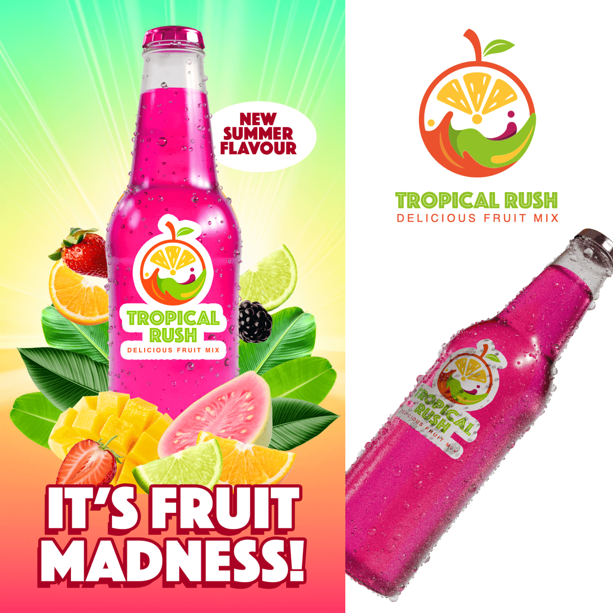 Bright pink Tropical Rush fruit drink bottle surrounded by assorted fresh fruits and leaves with text 'It's fruit madness!' and 'New summer flavour'.