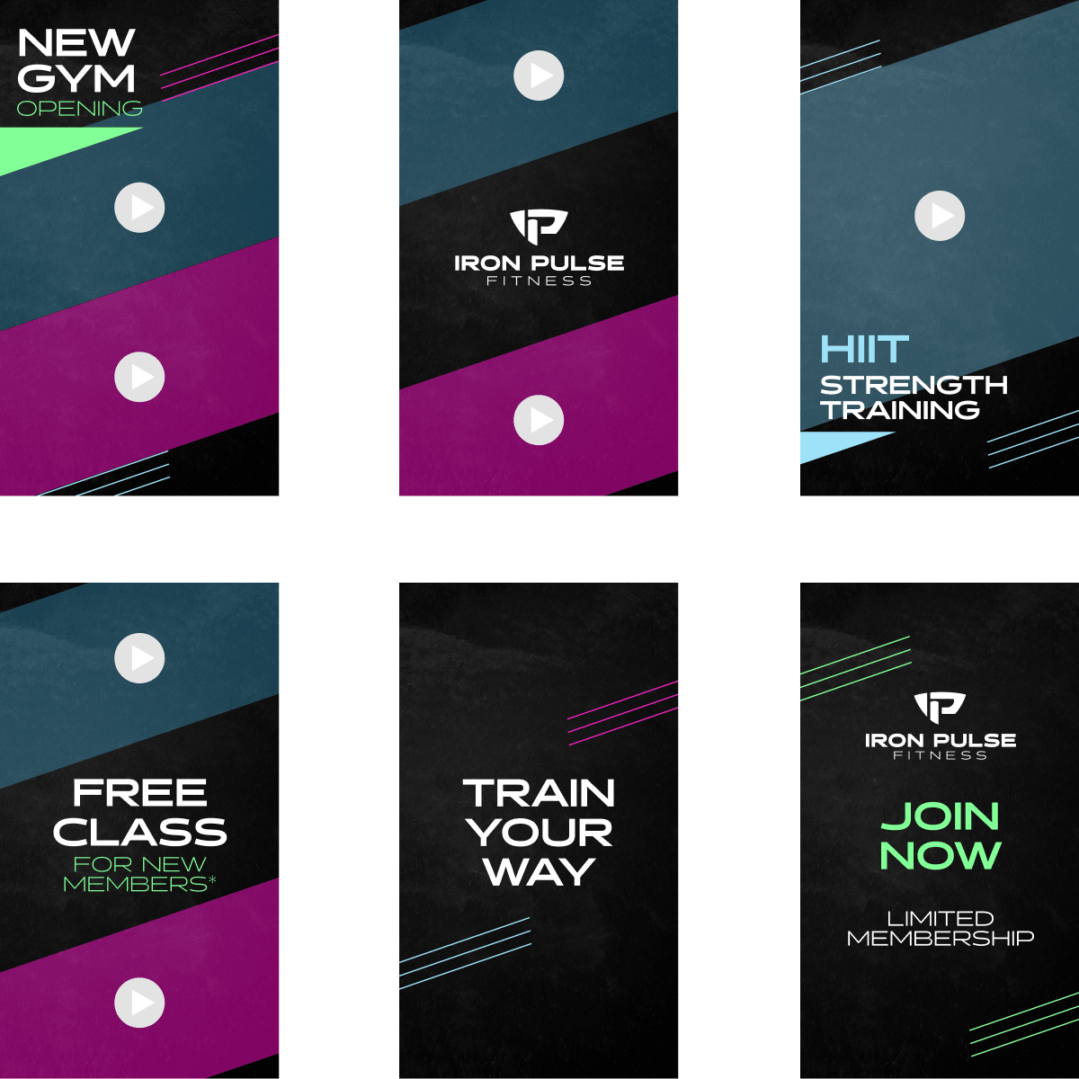 Collage of six gym promotion cards with text: New Gym Opening, Iron Pulse Fitness logo, HIIT Strength Training, Free Class for New Members, Train Your Way, and Join Now Limited Membership, with play icons and colorful diagonal stripes.