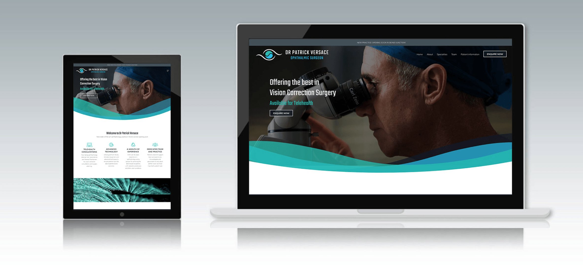 Website homepage for Dr. Patrick Versace, ophthalmic surgeon, shown on a tablet and a laptop, featuring a close-up image of a man looking into a microscope with text offering vision correction surgery and telehealth availability.
