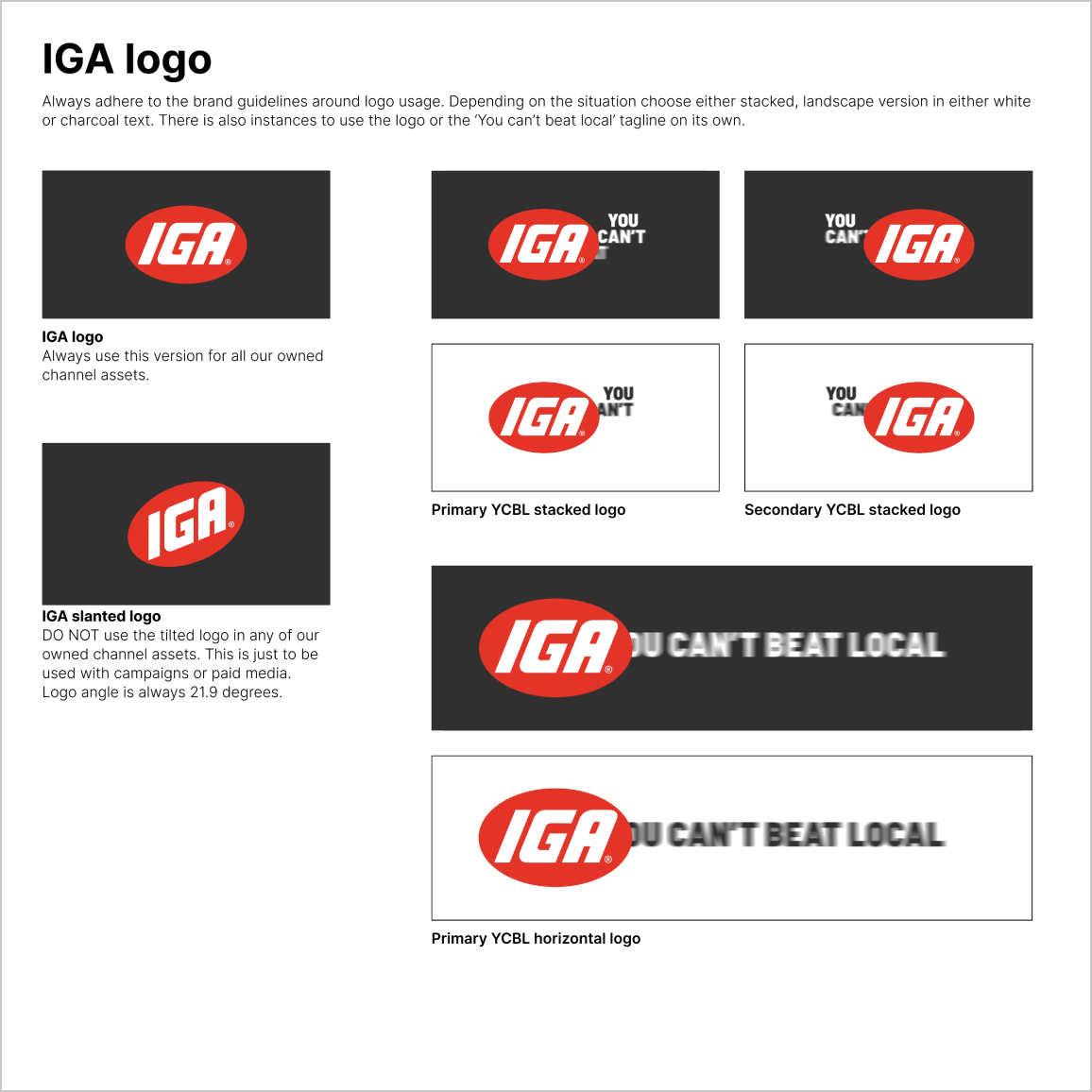 IGA brand guidelines showing various logo versions including the standard red oval IGA logo, slanted logo at 21.9 degrees, and 'You can't beat local' tagline in stacked and horizontal layouts on black and white backgrounds.