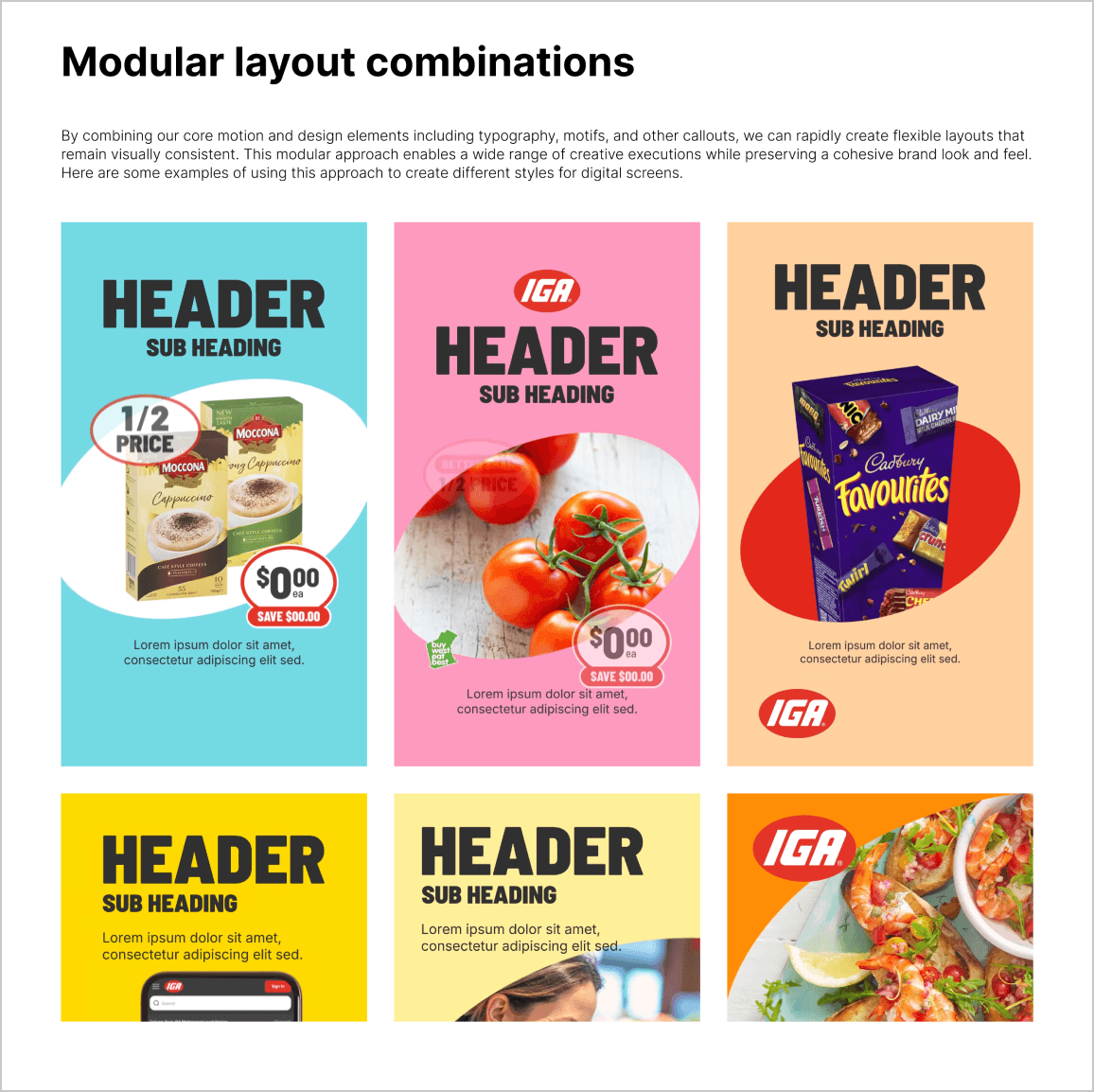 Six colorful digital screen layout examples with headers, subheadings, product images including Moccona coffee, tomatoes, Cadbury chocolates, a phone screen, a person, and a shrimp dish, featuring IGA branding and promotional price badges.