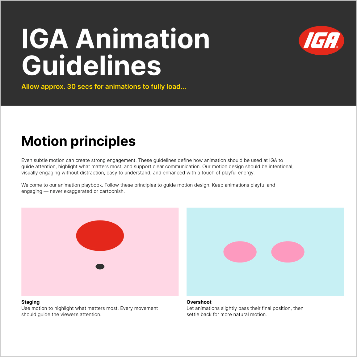 IGA Animation Guidelines page showing motion principles with two illustrations: staging with a large red oval above a small black oval, and overshoot with two pink ovals on a blue background.