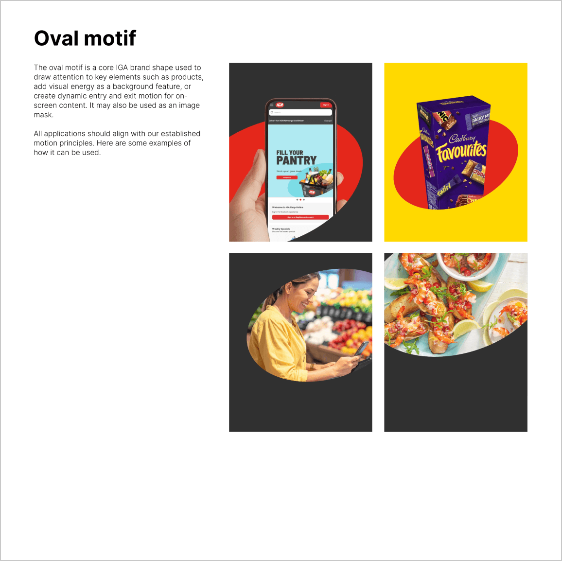 Examples of IGA's oval motif used as a background and image mask around a phone screen, a Cadbury Favourites chocolate box, a woman shopping, and a dish of seafood.