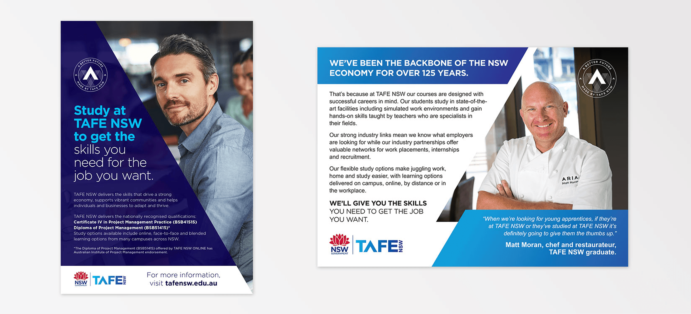 Two TAFE NSW advertisements; left features a man in a blue shirt with text promoting TAFE NSW project management courses, right features chef Matt Moran endorsing TAFE NSW and its career-focused education.