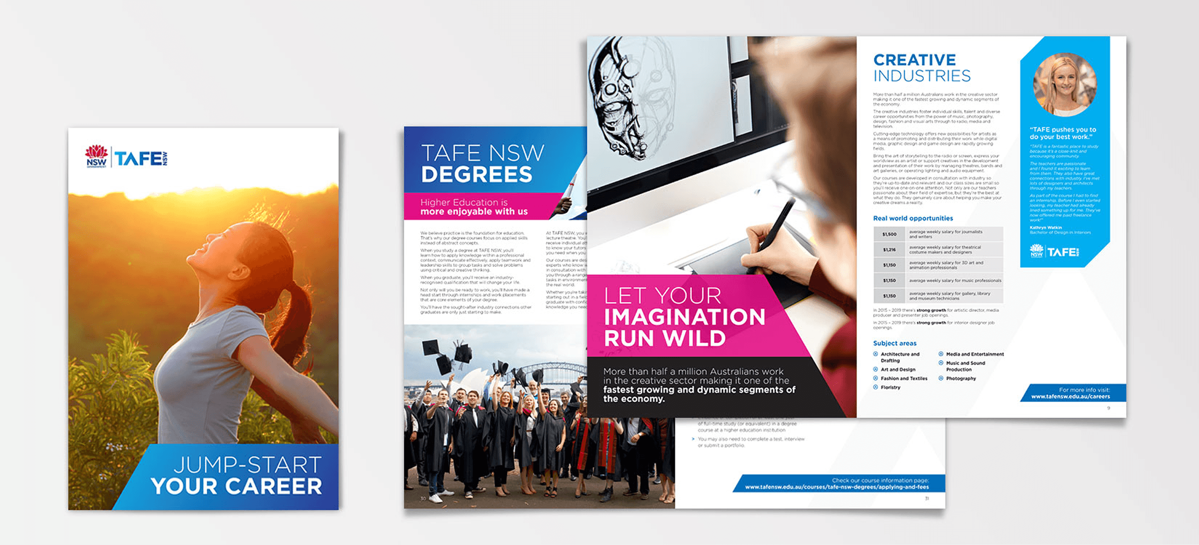 TAFE NSW brochure cover with a woman enjoying sunrise and inside pages highlighting degrees, creative industries, and career opportunities.