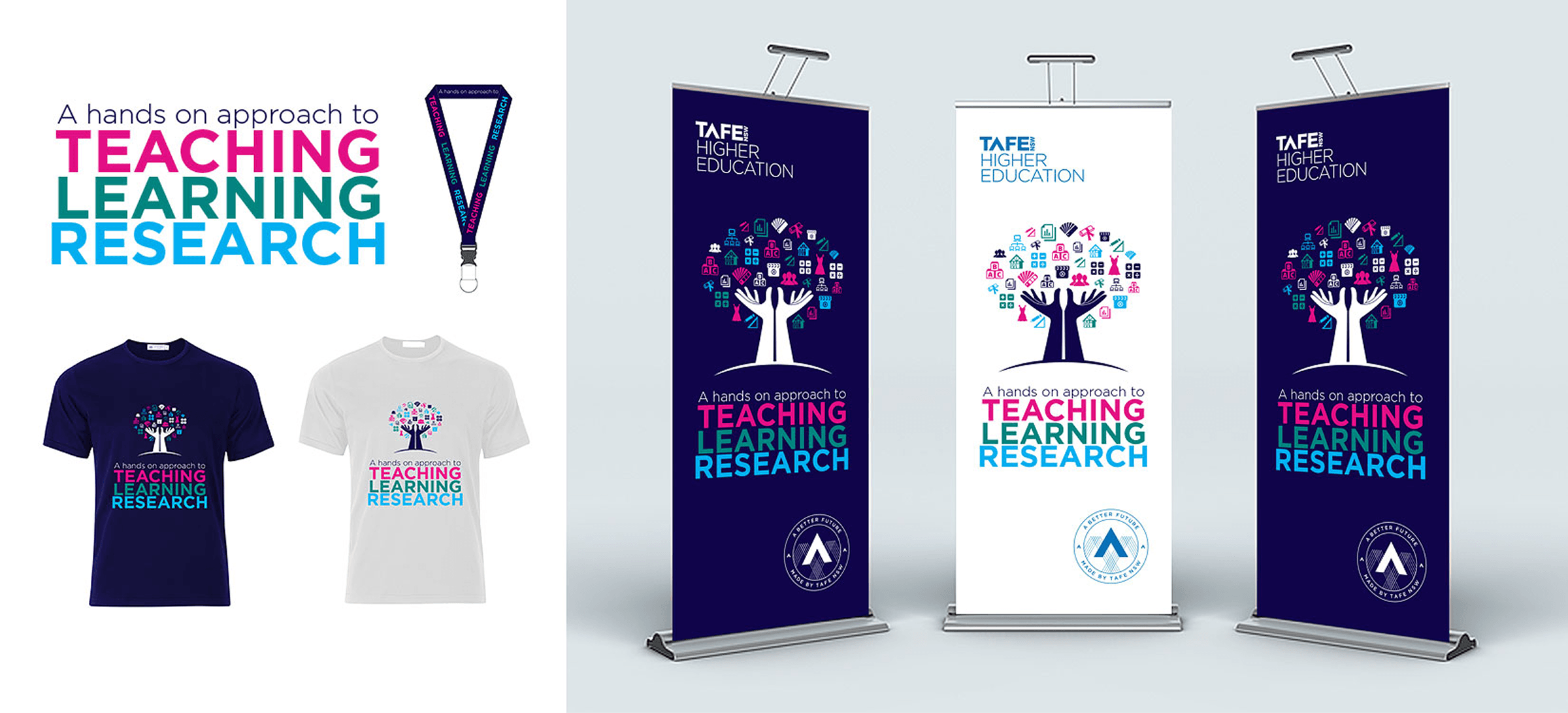 Promotional materials for 'A hands on approach to Teaching Learning Research' showing a lanyard, two t-shirts in navy and white, and three standing banners with a graphic of hands holding a tree made of educational icons.