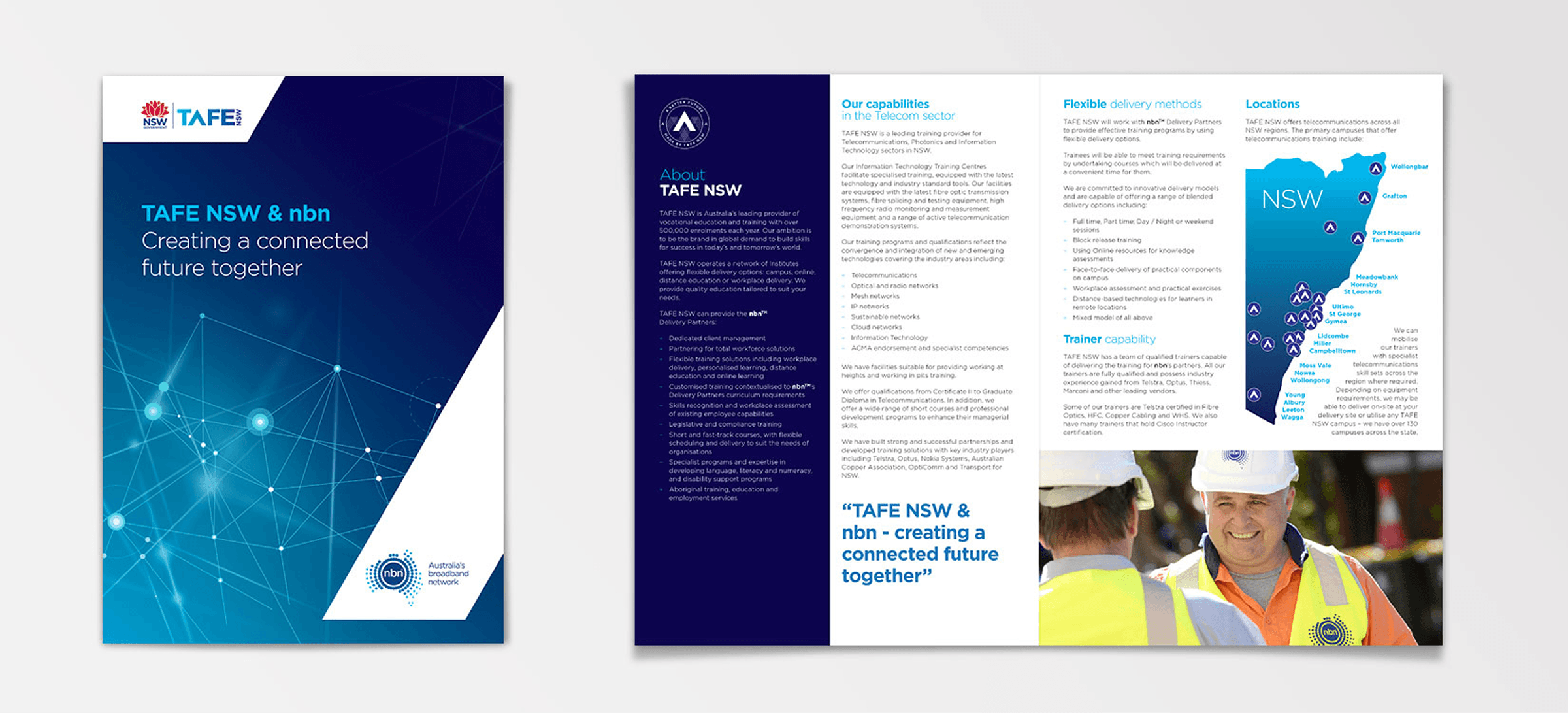 TAFE NSW and nbn brochure cover and inside pages detailing training capabilities, delivery methods, locations in NSW map, and trainers in safety gear.