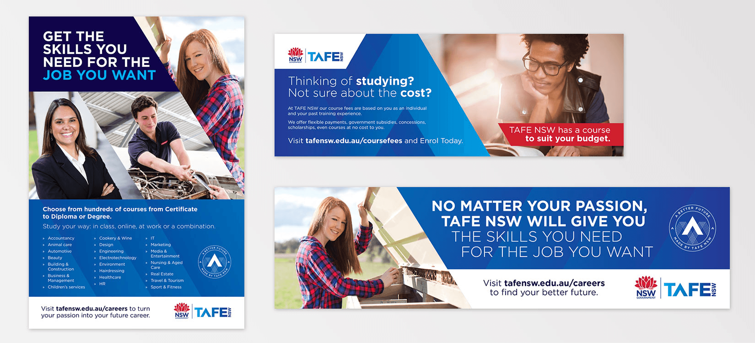 TAFE NSW promotional banners featuring diverse students and text about skills, courses, flexible payment, and career opportunities.