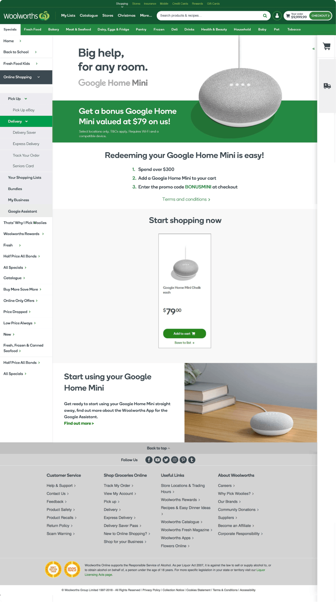 Woolworths online shopping page promoting a bonus Google Home Mini valued at $79 with purchase over $300, featuring product images and shopping instructions.